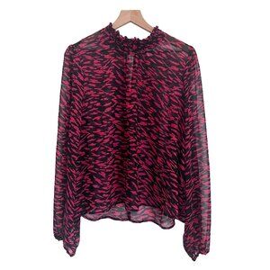 Allison Joy For Evereve XL Red Black Ruffle Blouse Long Sleeve Sheer Top